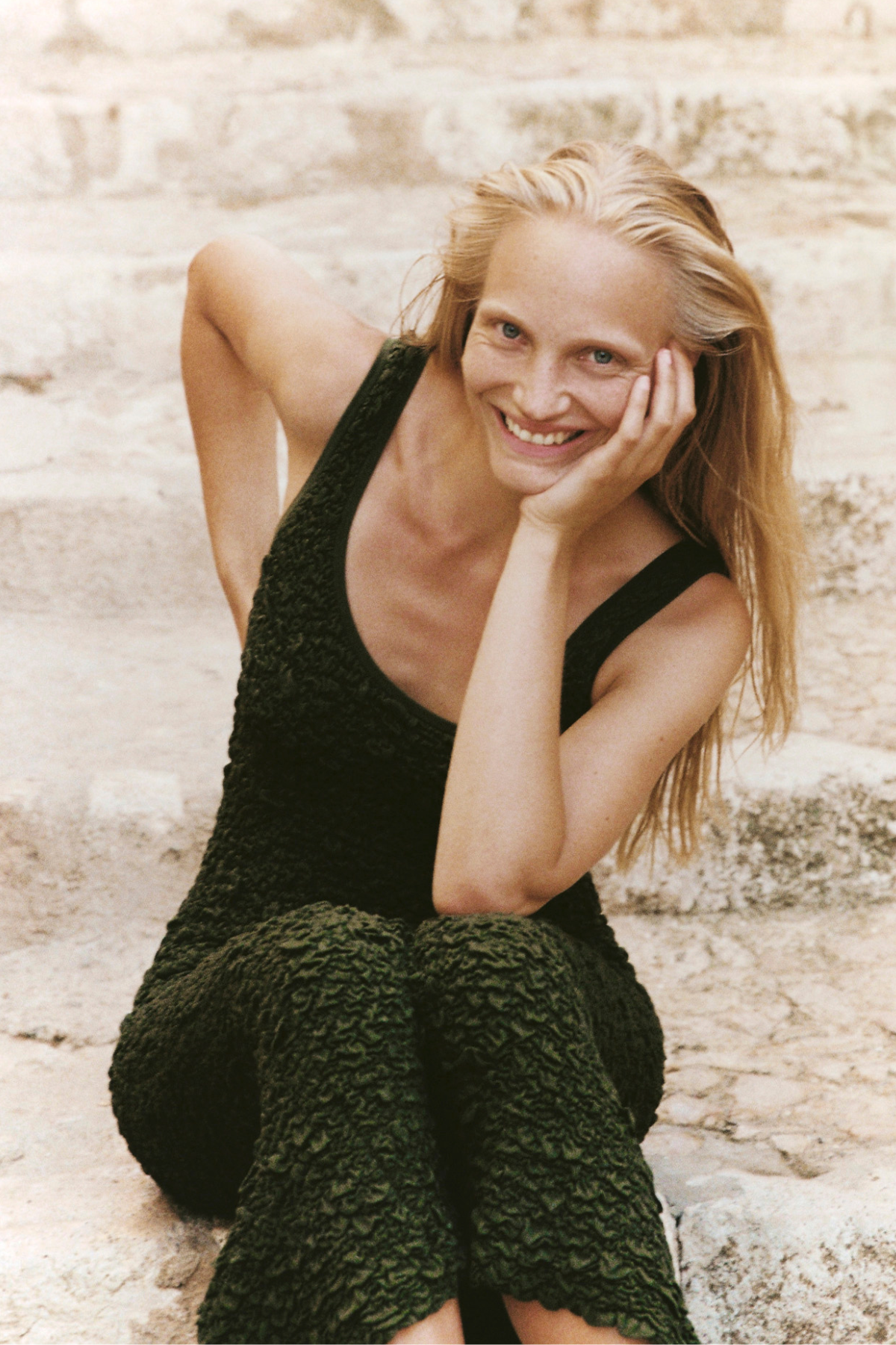 Crinkle Knit Dress - Tallow Green