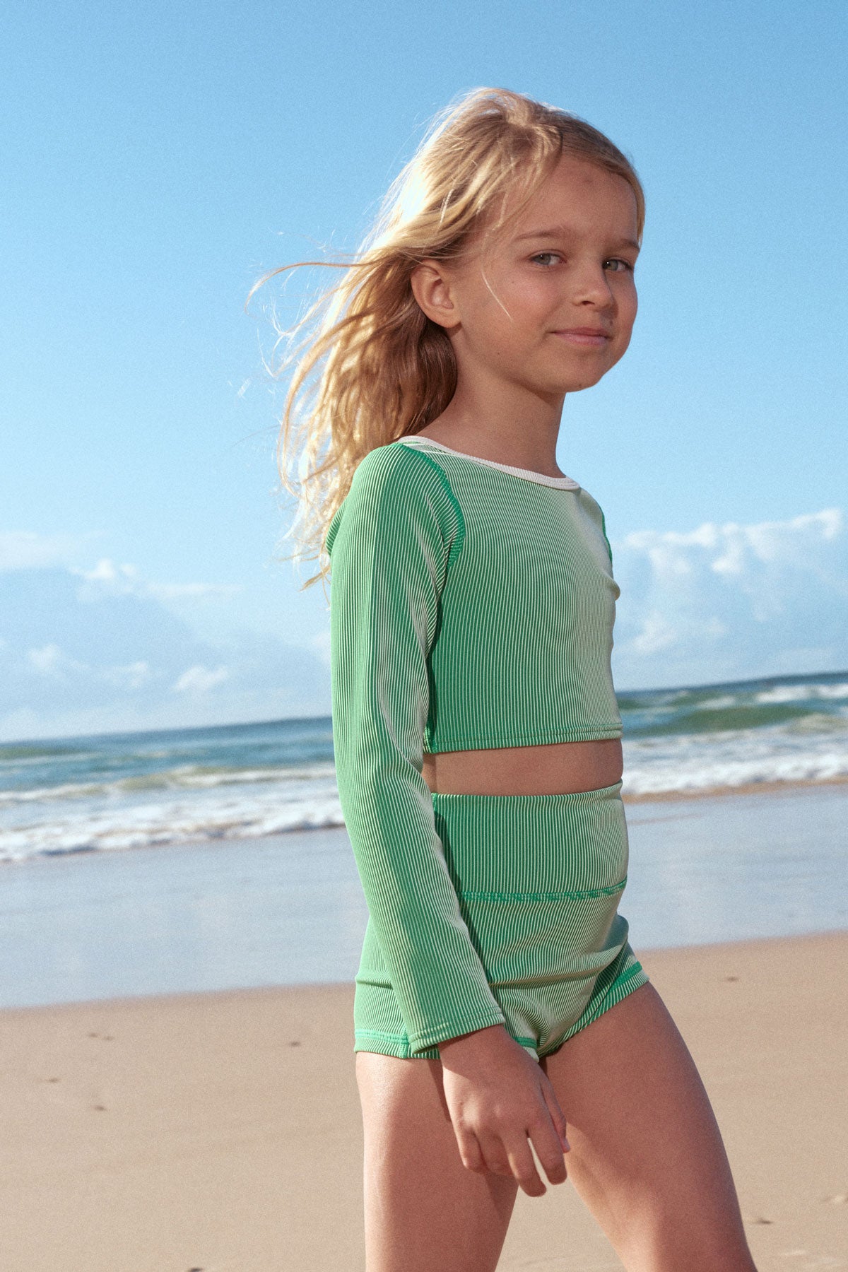 Mini Stripe Rib Crop Rashie - Parrot Green