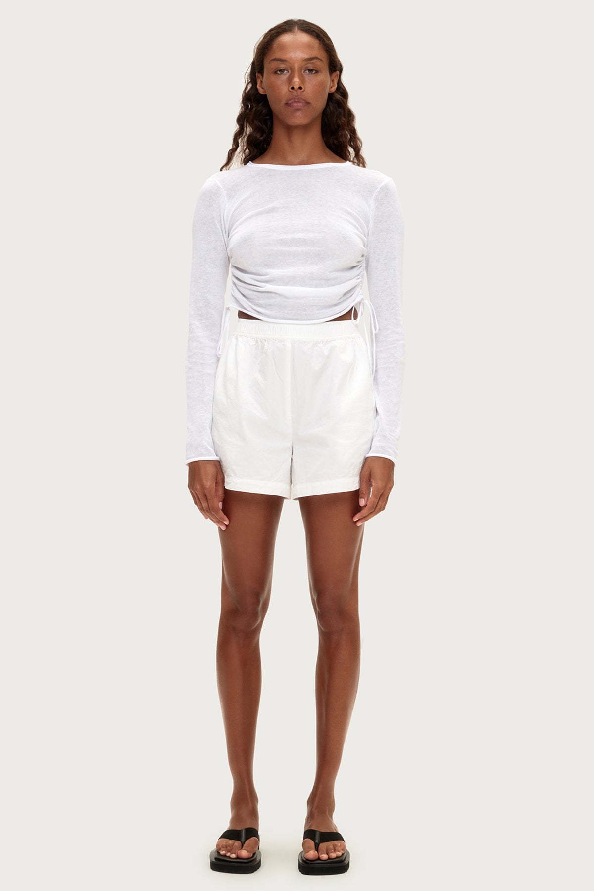 Gathered Knit Long Sleeve Top - White
