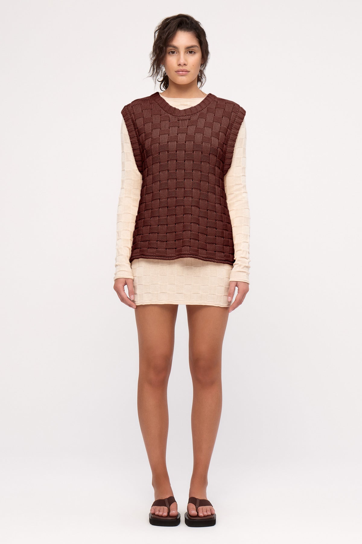 Basketweave Knit Vest - Deep Brown