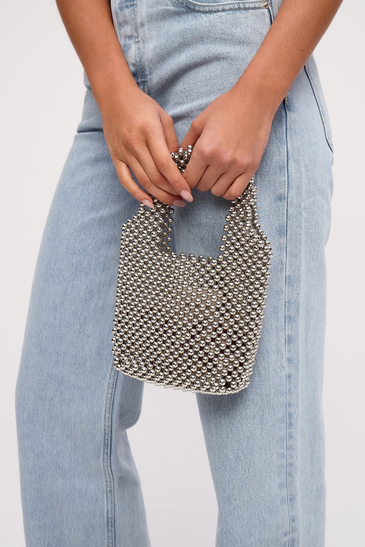 Mini Beaded Bucket Bag - Silver