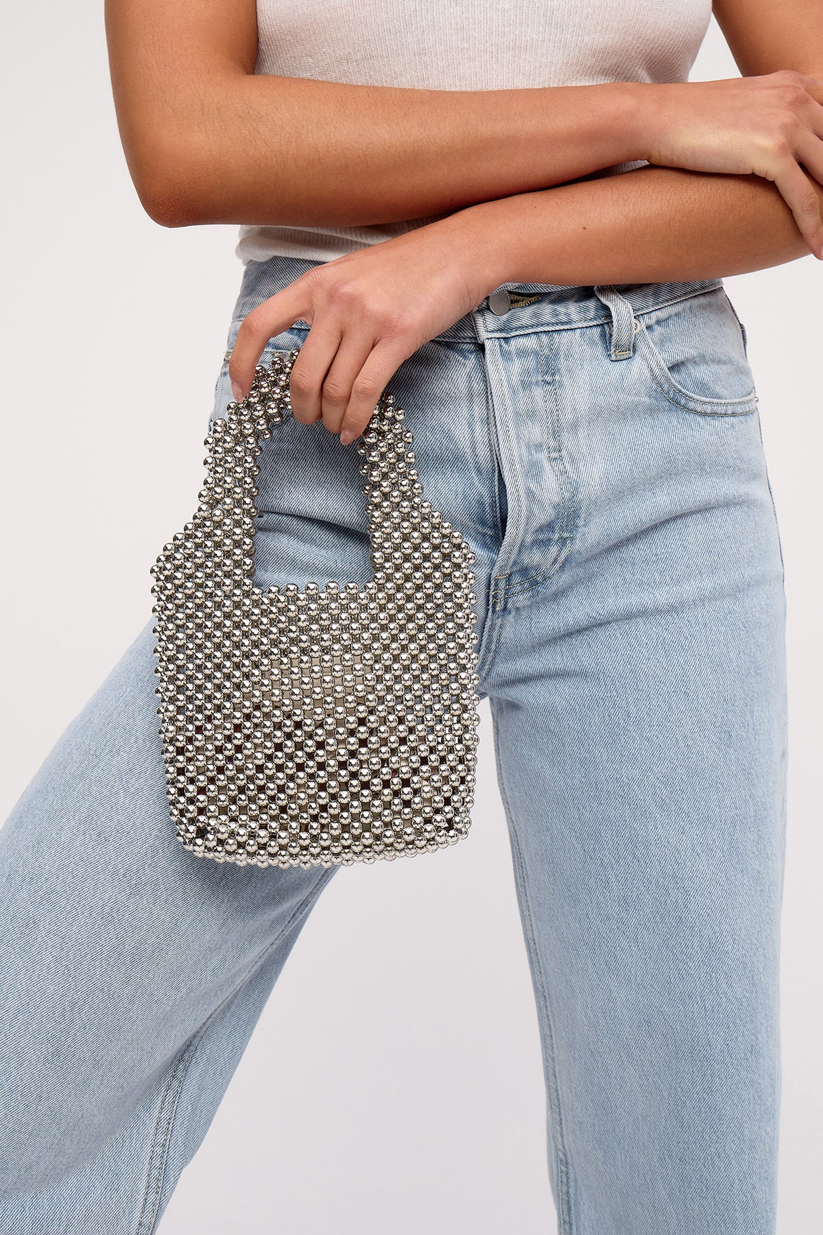 Mini Beaded Bucket Bag - Silver