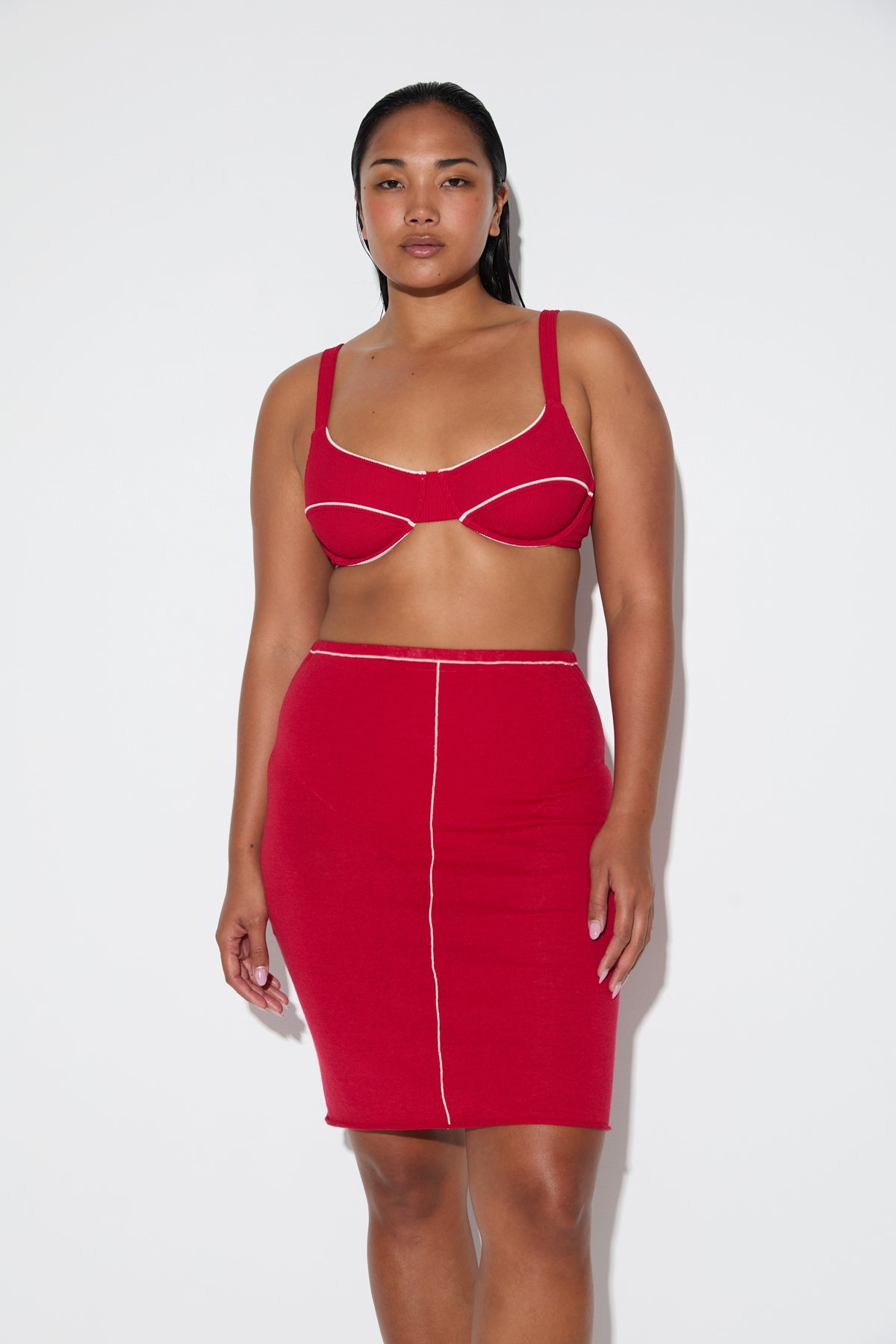 Soft Contrast Knit Skirt - Cherry Red