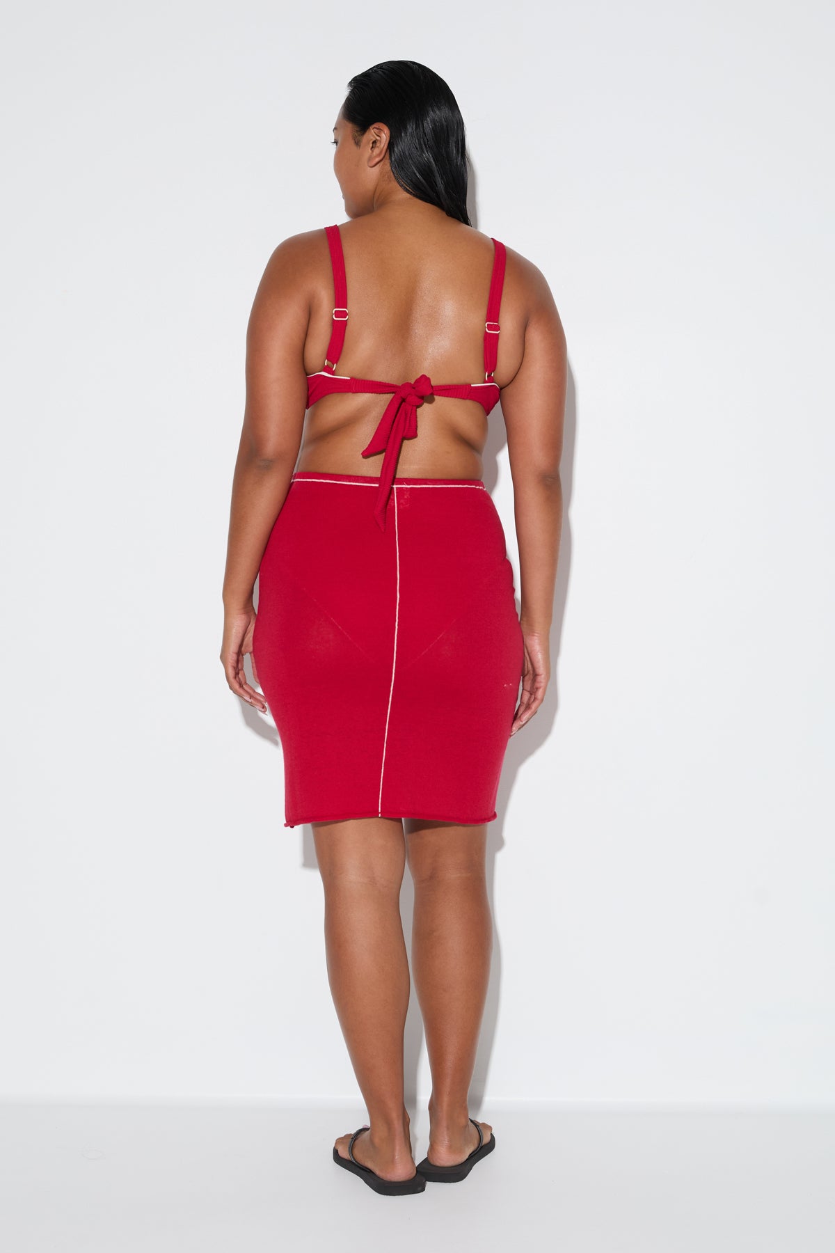 Soft Contrast Knit Skirt - Cherry Red