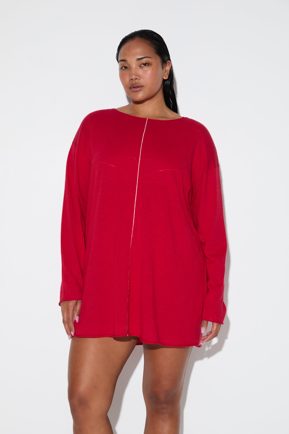 Soft Contrast Knit Mini Dress - Cherry Red