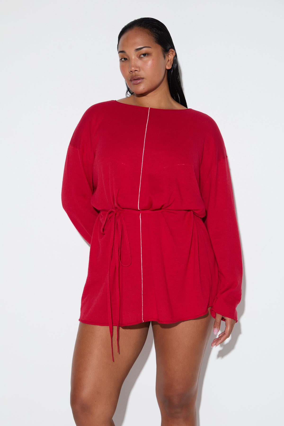 Soft Contrast Knit Mini Dress - Cherry Red