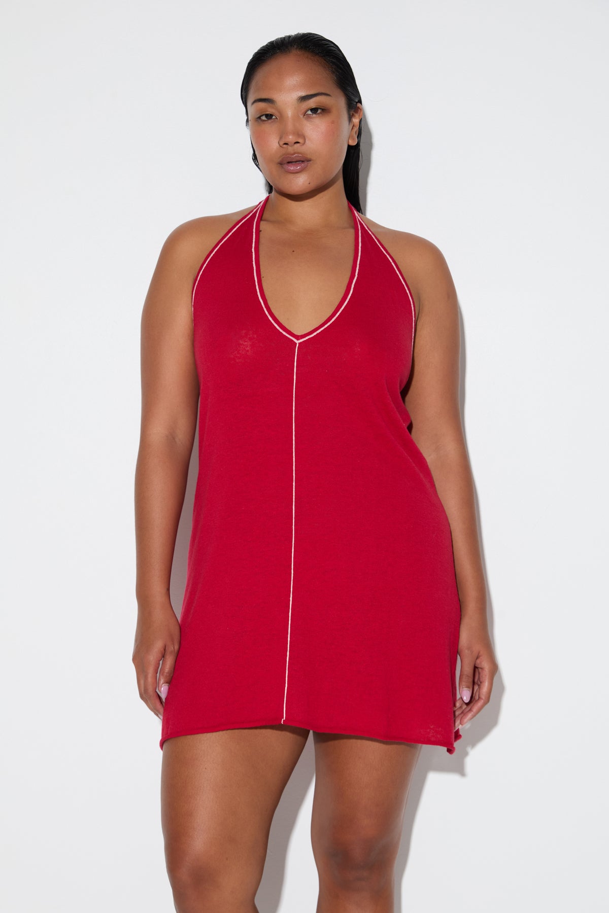 Soft Contrast Knit Halter Dress - Cherry Red