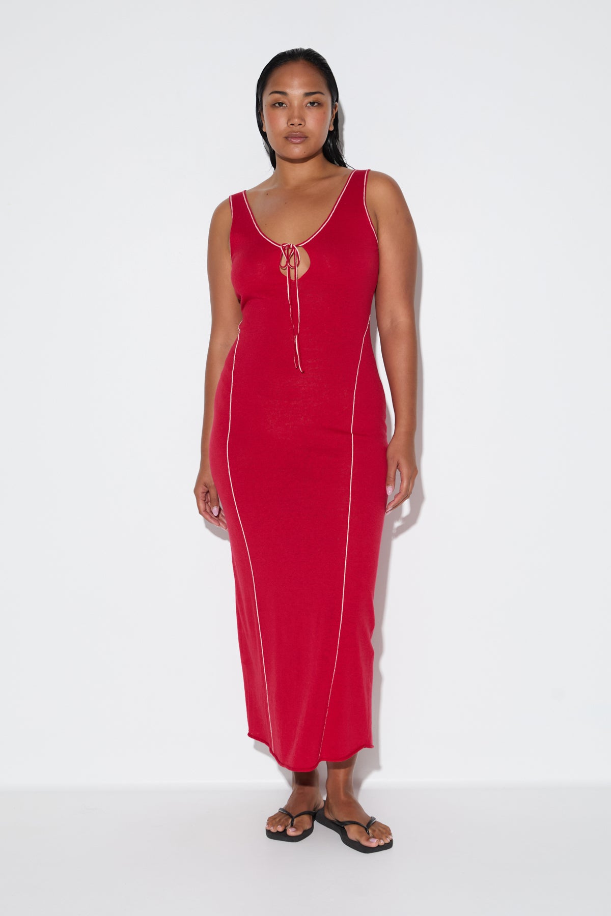 Soft Contrast Knit Dress - Cherry Red
