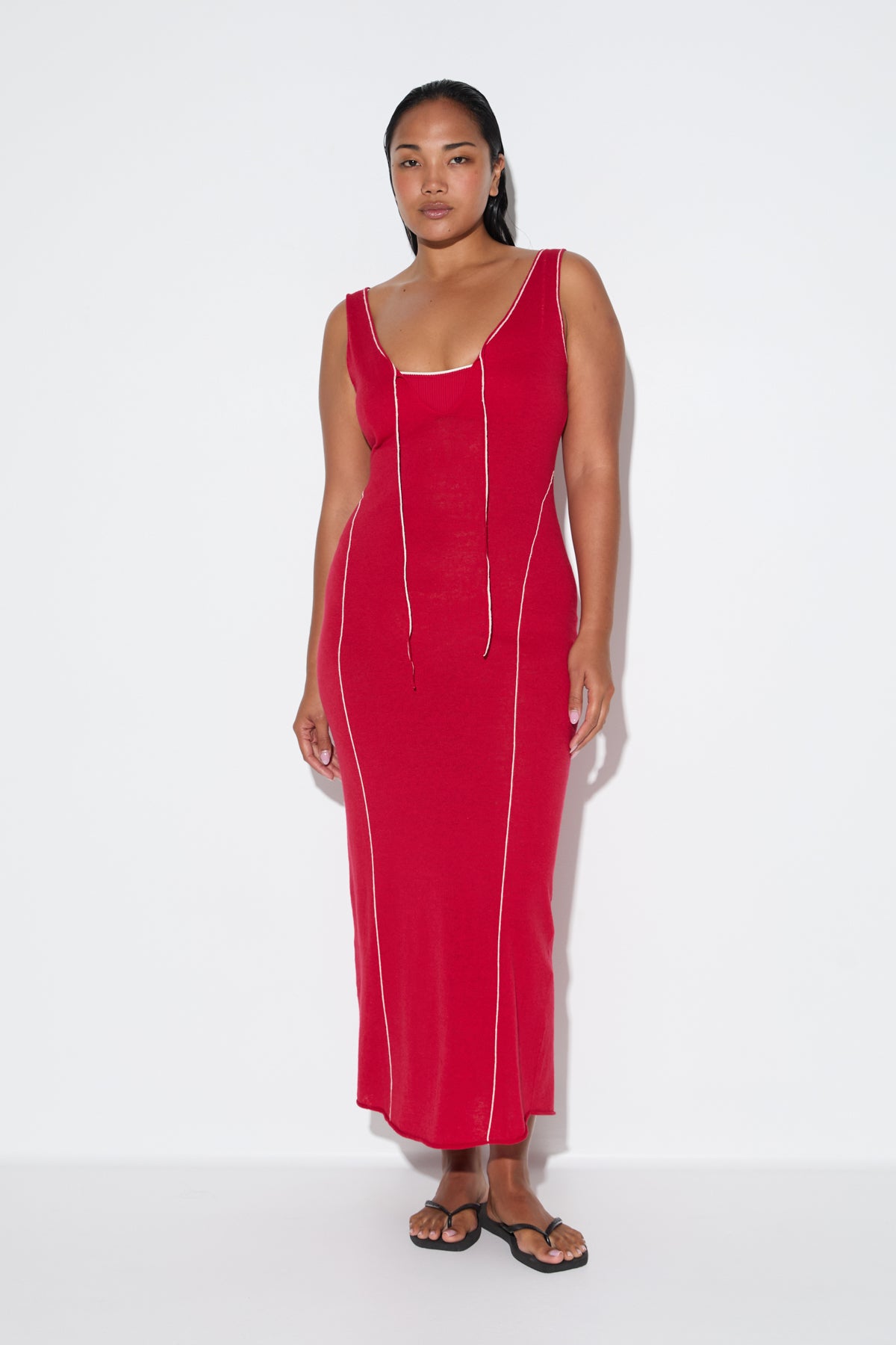 Soft Contrast Knit Dress - Cherry Red