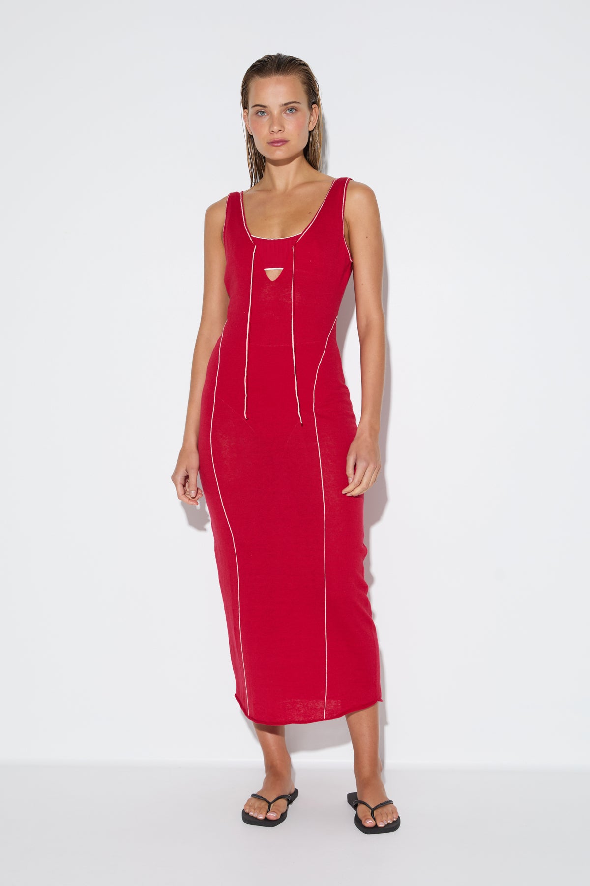 Soft Contrast Knit Dress - Cherry Red