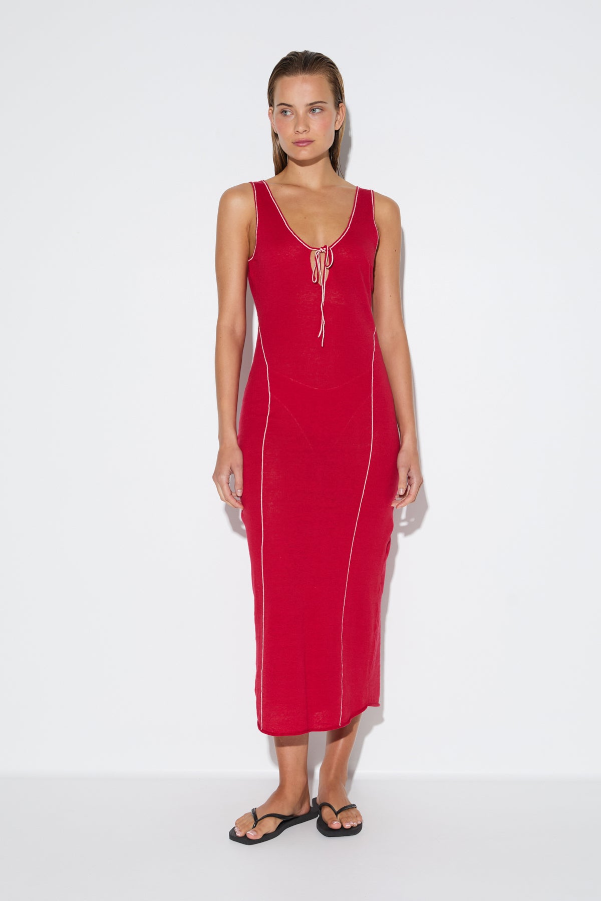 Soft Contrast Knit Dress - Cherry Red