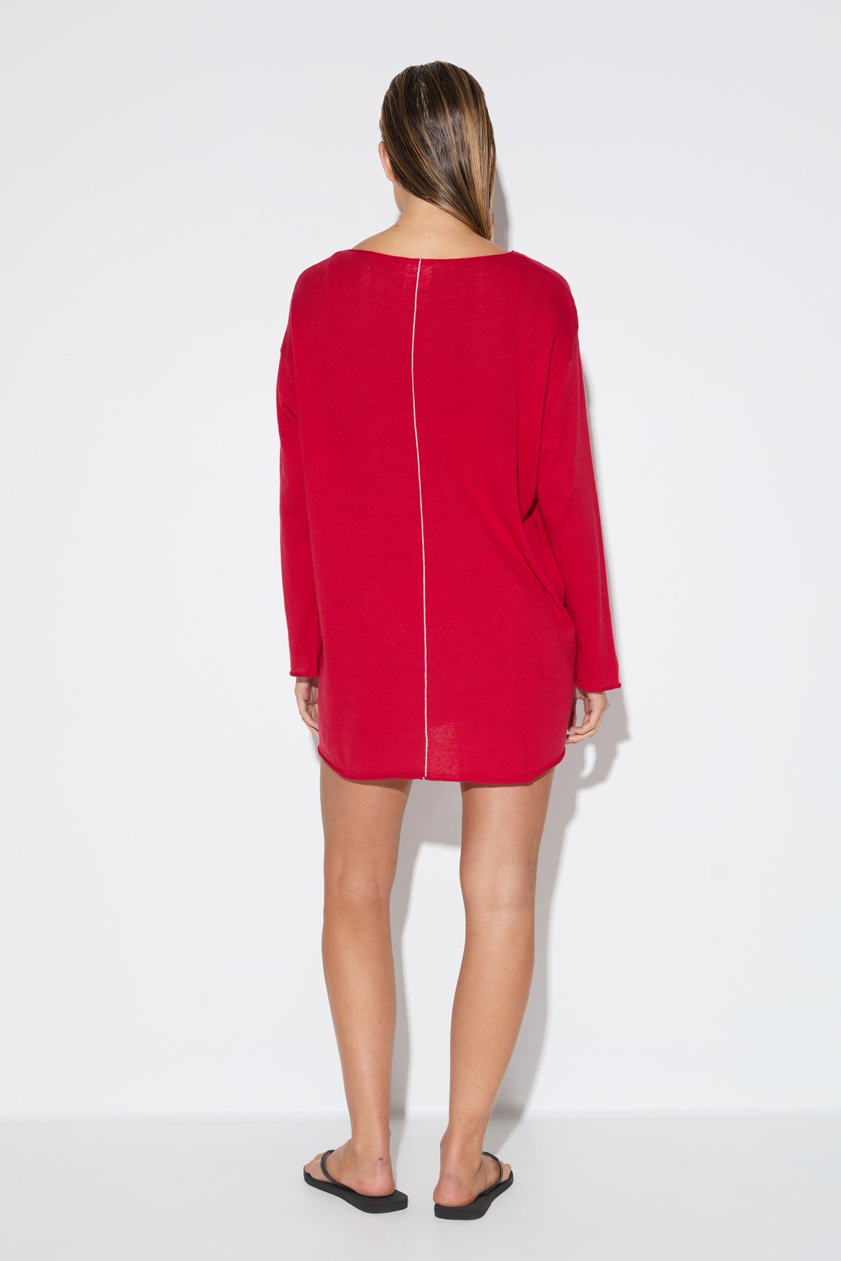Soft Contrast Knit Mini Dress - Cherry Red