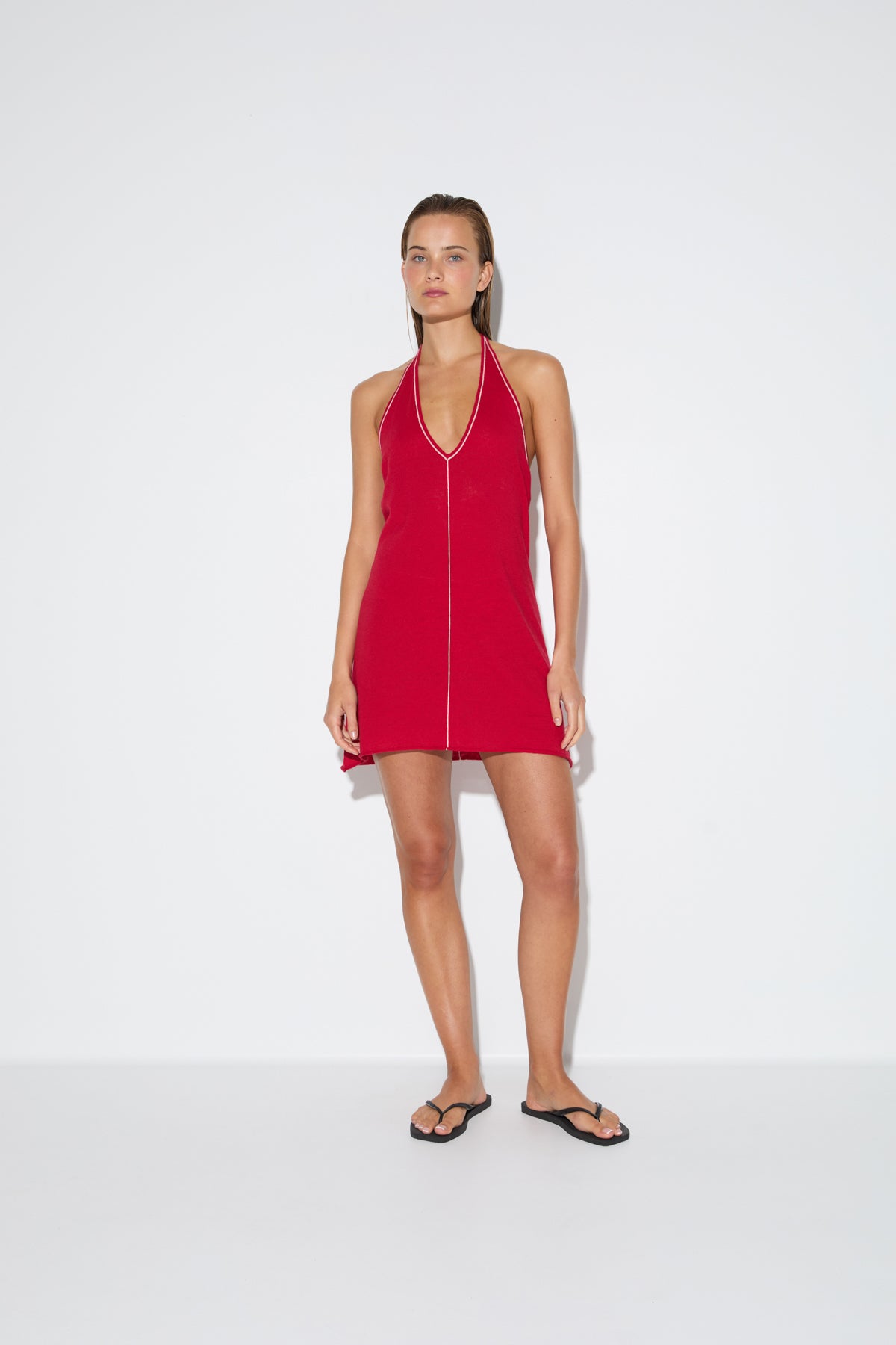 Soft Contrast Knit Halter Dress - Cherry Red