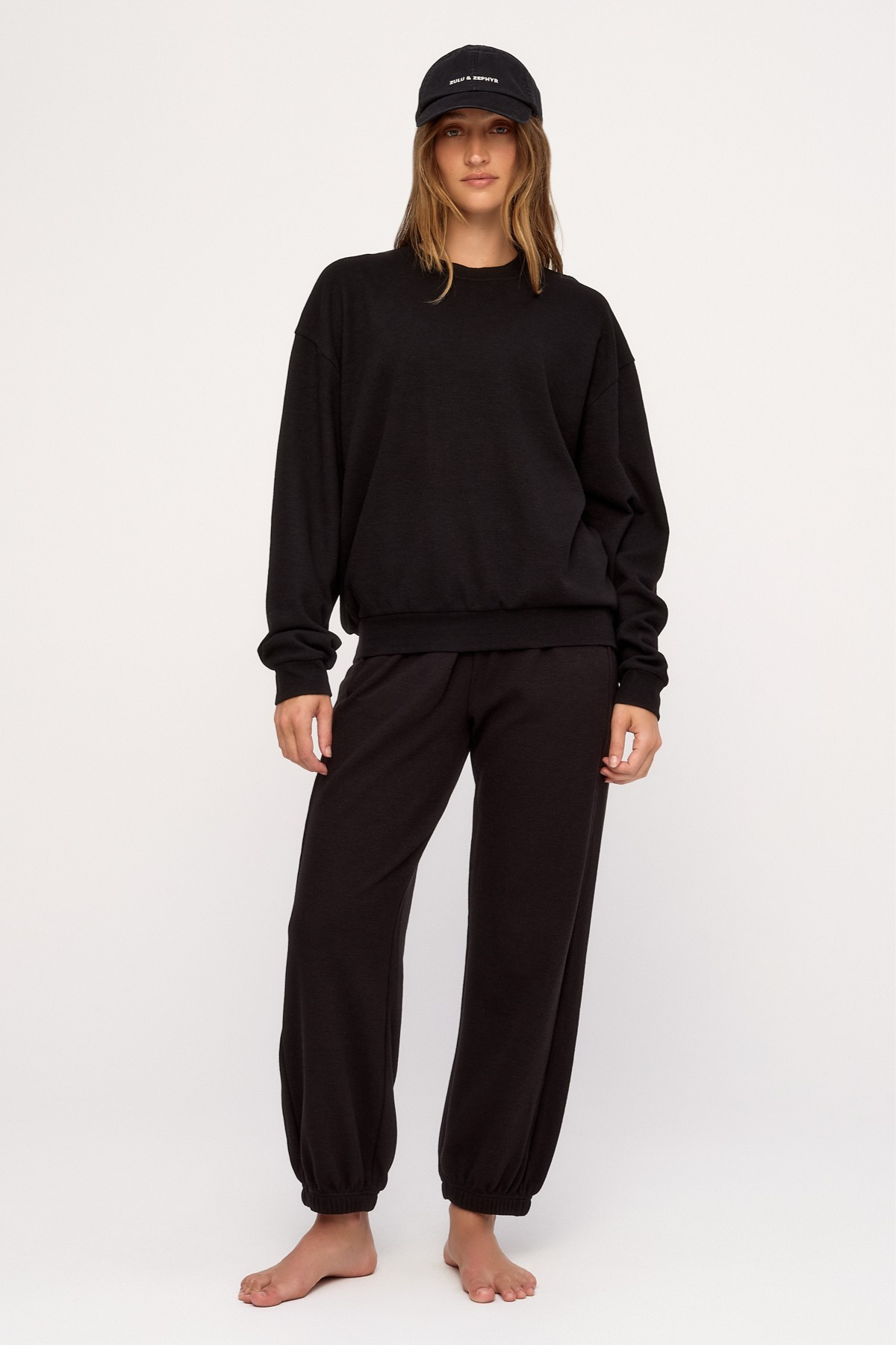 Waffle Textured Sport Sweat Shirt - Black
