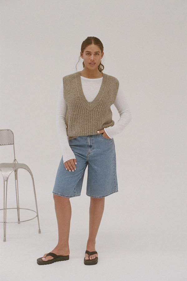 Olive Merino Wool Blend Rib Knit Vest