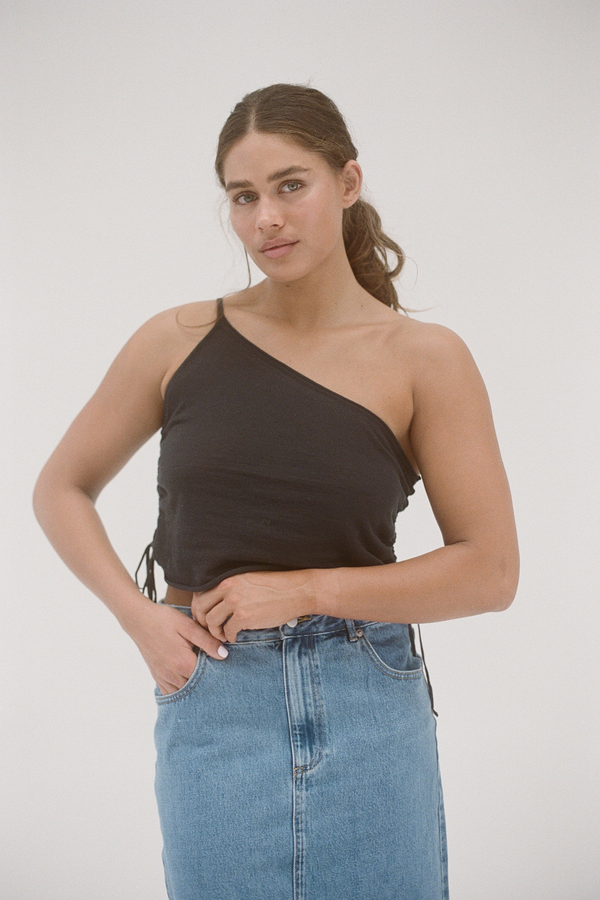 One Shoulder Knit Crop Top - Black