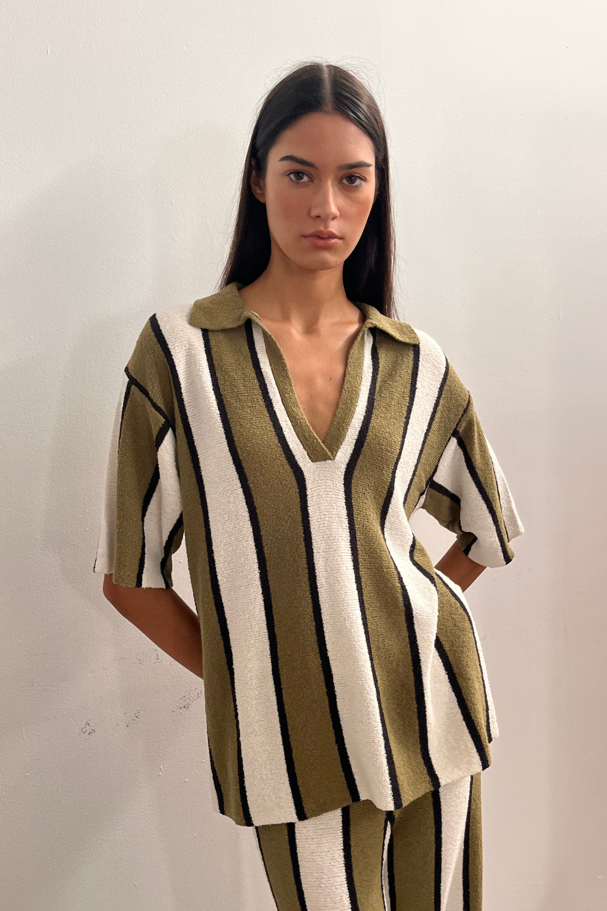 Olive Stripe Textured Knit Shirt