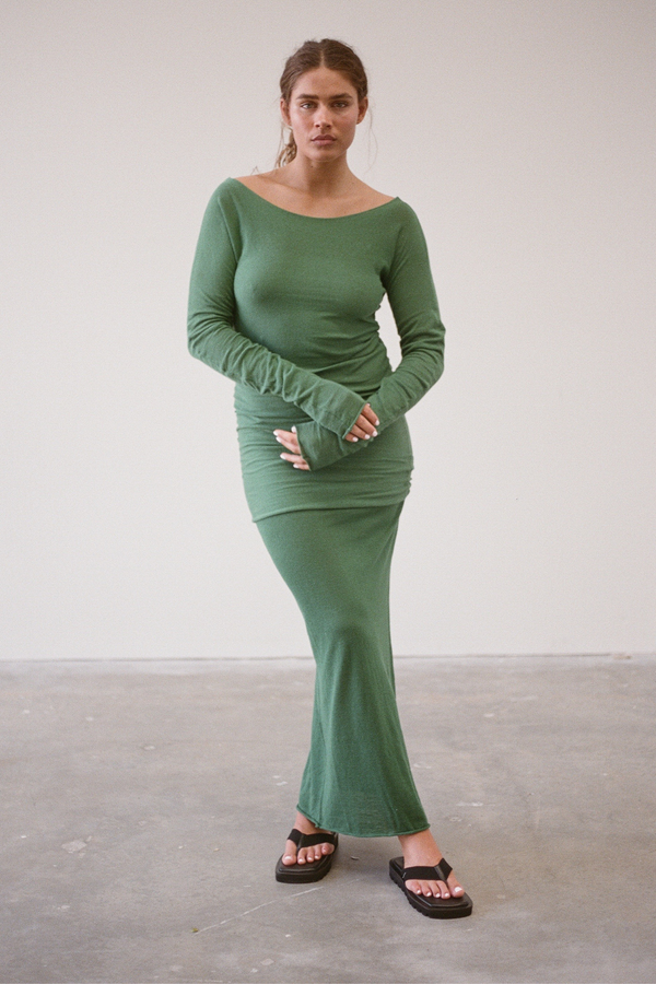 Gathered Knit Dress - Tallow Green