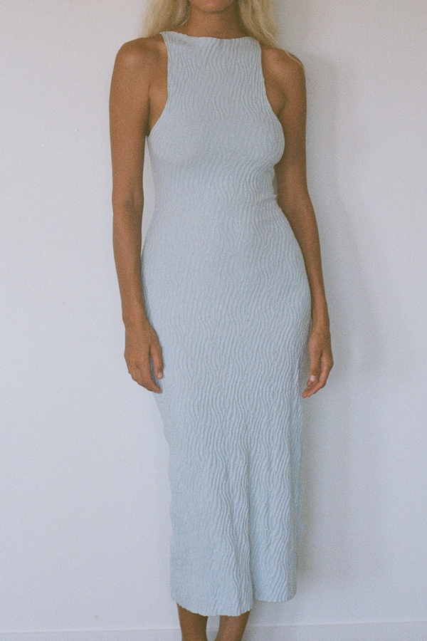 Powder Blue Ripple Textured Knit Dress