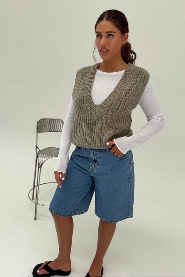 Olive Merino Wool Blend Rib Knit Vest