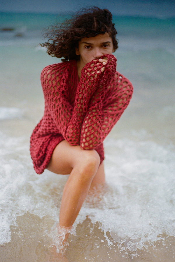 Crochet Knit Tunic Dress - Deep Red