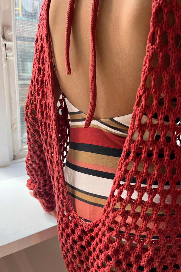 Crochet Knit Tunic Dress - Deep Red