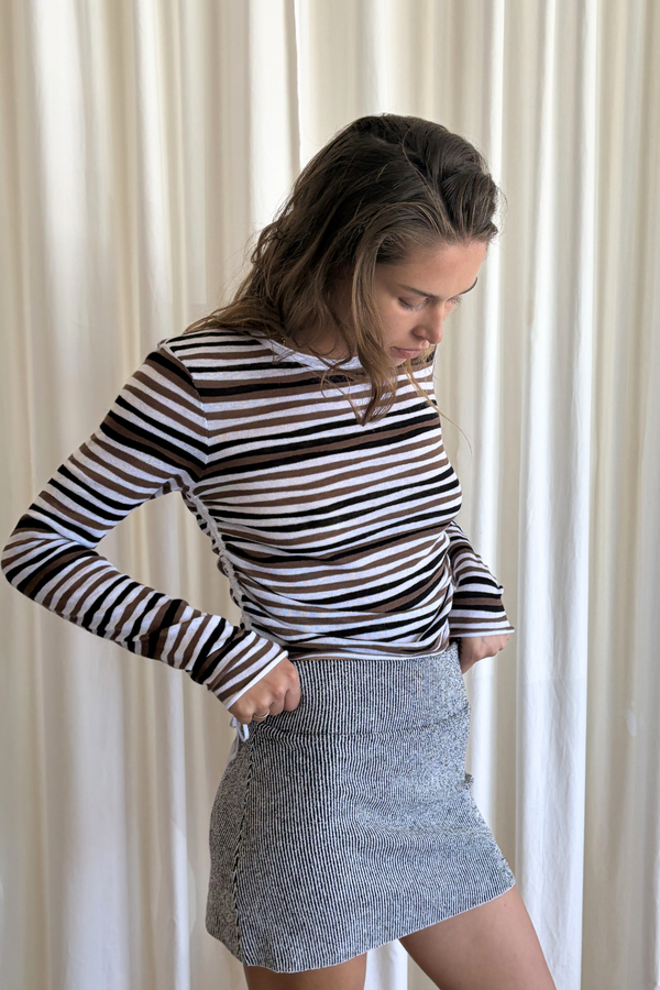 Textured Knit Mini Skirt - Black Pinstripe