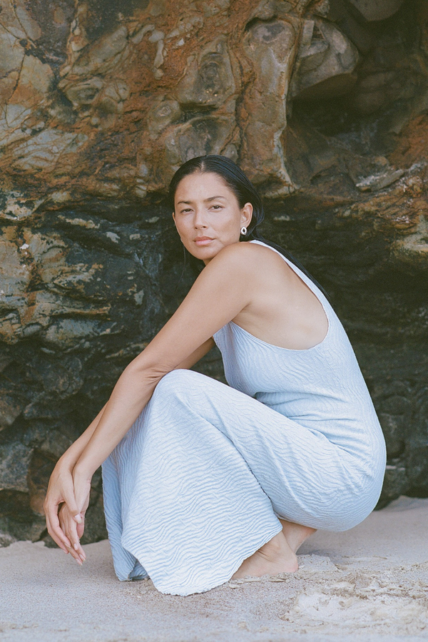 Powder Blue Ripple Textured Knit Dress