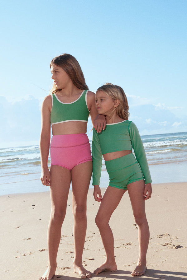 Mini Stripe Rib Crop Rashie - Parrot Green