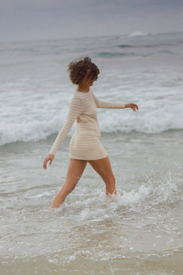 Cotton Lattice Knit Mini Dress - Natural Stripe