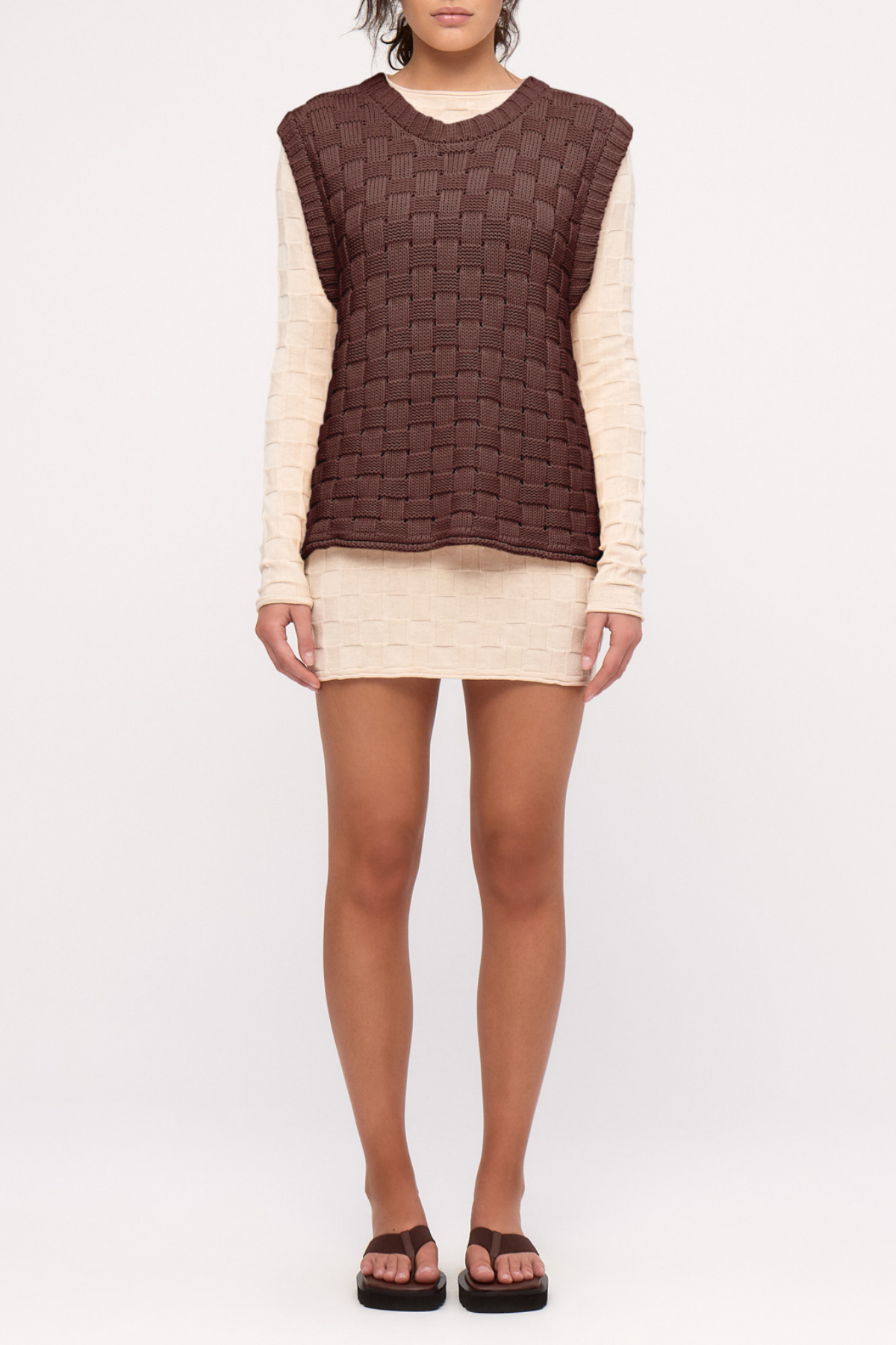 Basketweave Knit Vest - Deep Brown