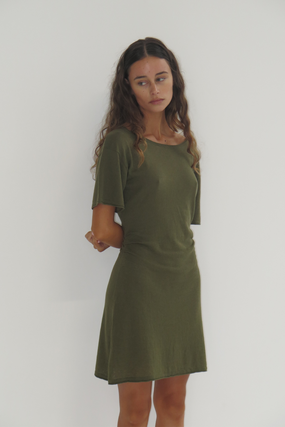Linen Cotton Mini Dress - Khaki