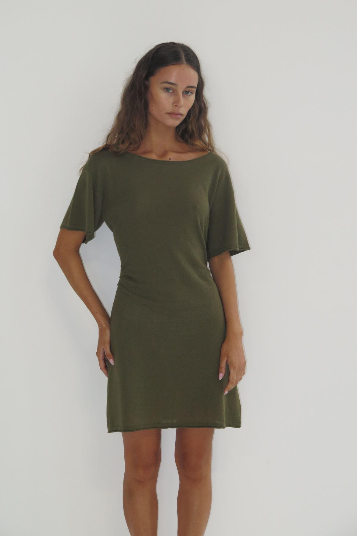 Linen Cotton Mini Dress - Khaki