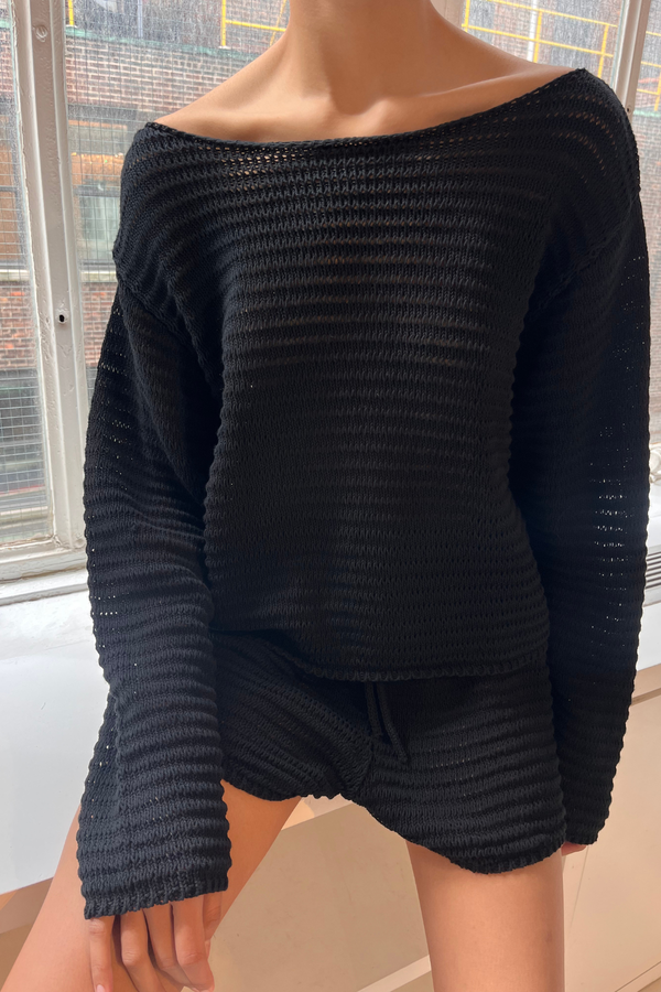 Cotton Lattice Knit Top - Black