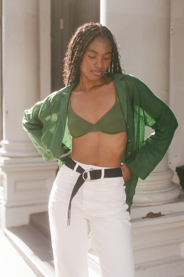 Signature Stripe Balconette Bra Cup Top - Tallow Green