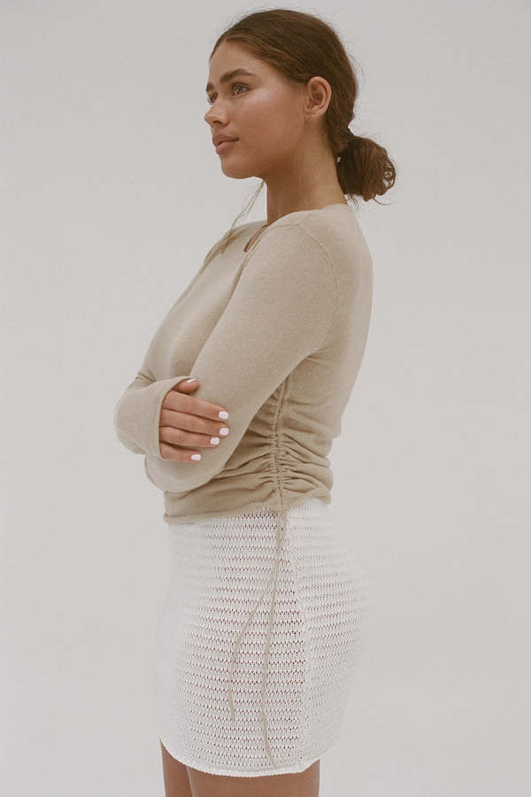 Gathered Knit Long Sleeve Top - Natural