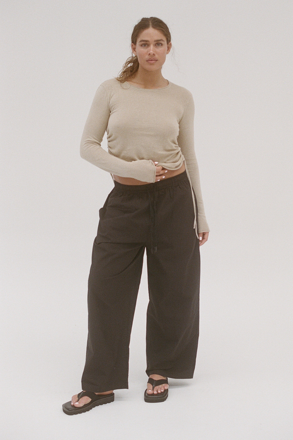 Gathered Knit Long Sleeve Top - Natural