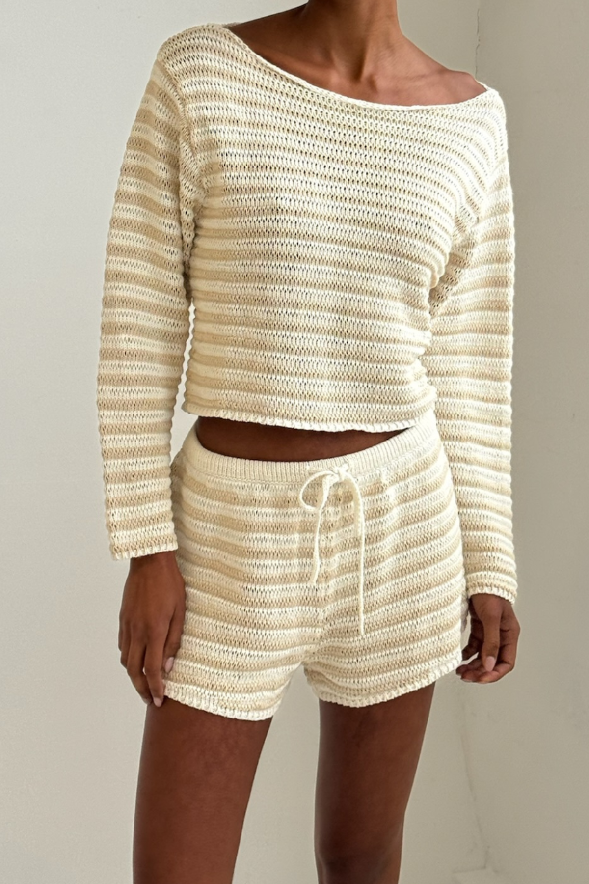 Cotton Lattice Knit Top - Natural Stripe