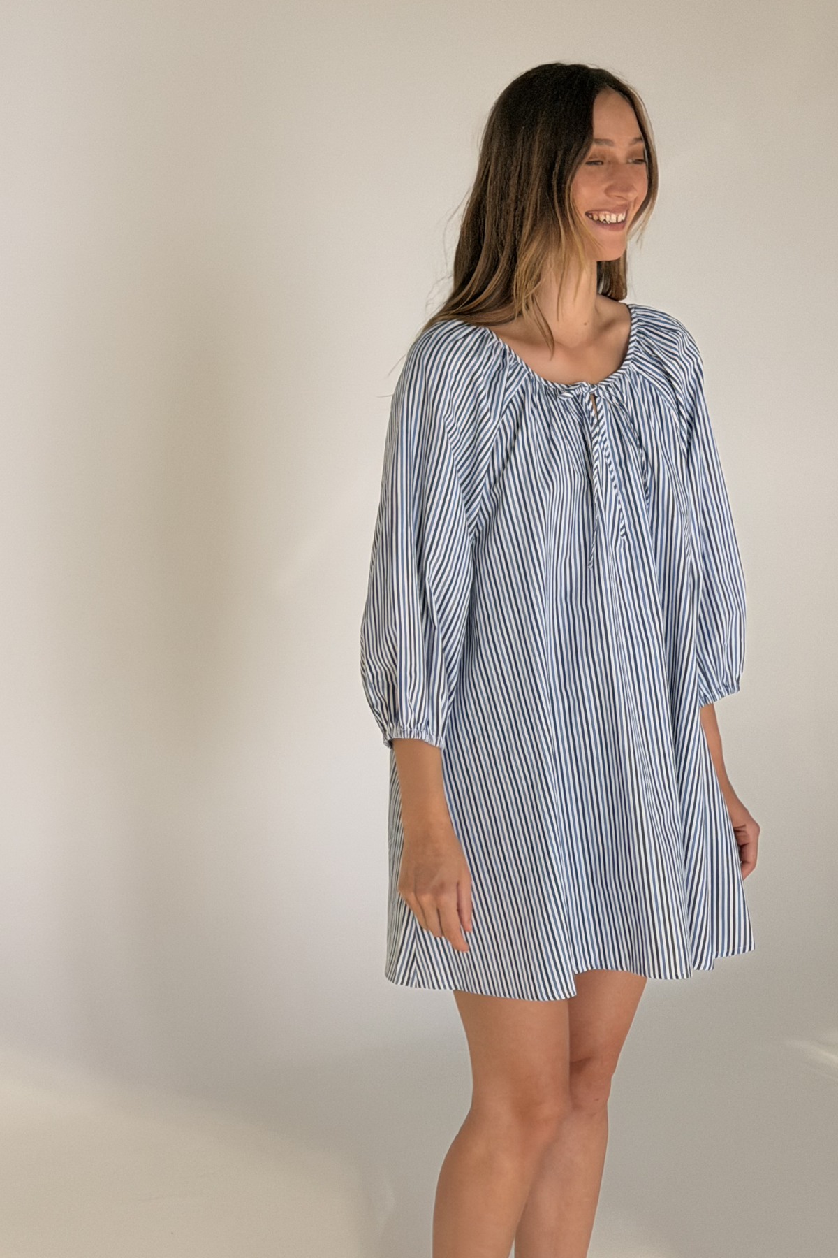 Poplin Mini Dress - Blue Pin Stripe