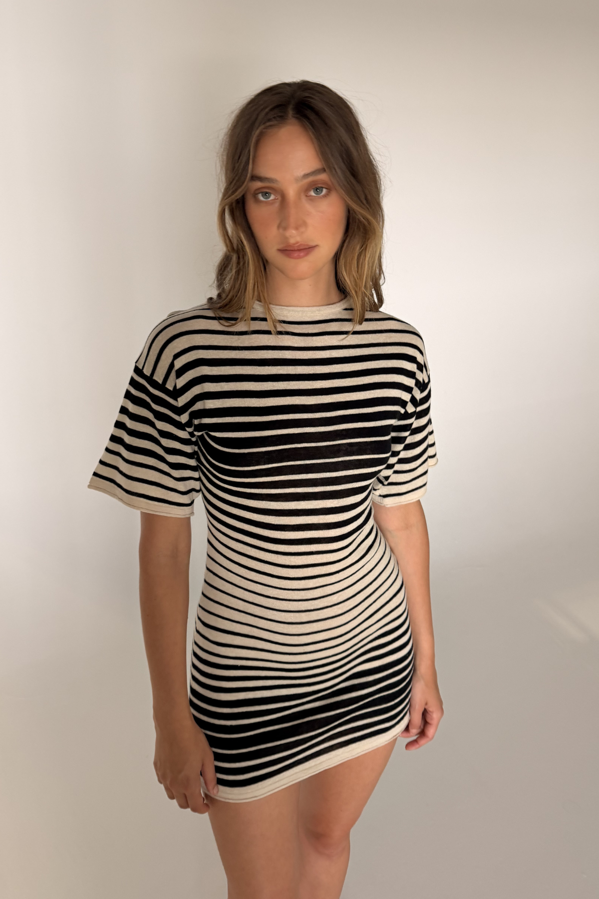 Ramie Cotton Knit Mini Dress - Ombre Stripe