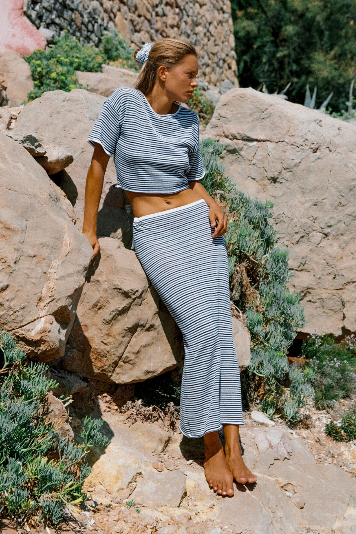 Ramie Cotton Skirt - Blue Pin Stripe