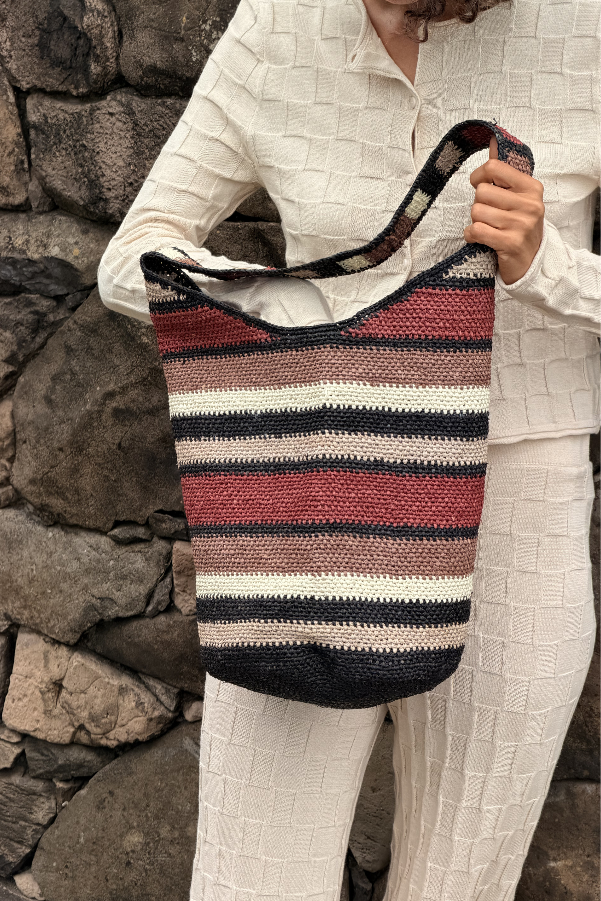 Raffia Bucket Bag - Earth Stripe