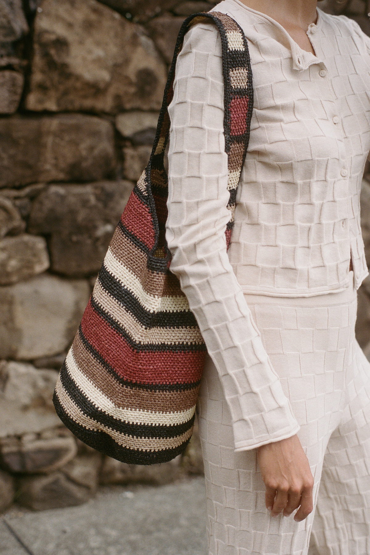 Raffia Bucket Bag - Earth Stripe