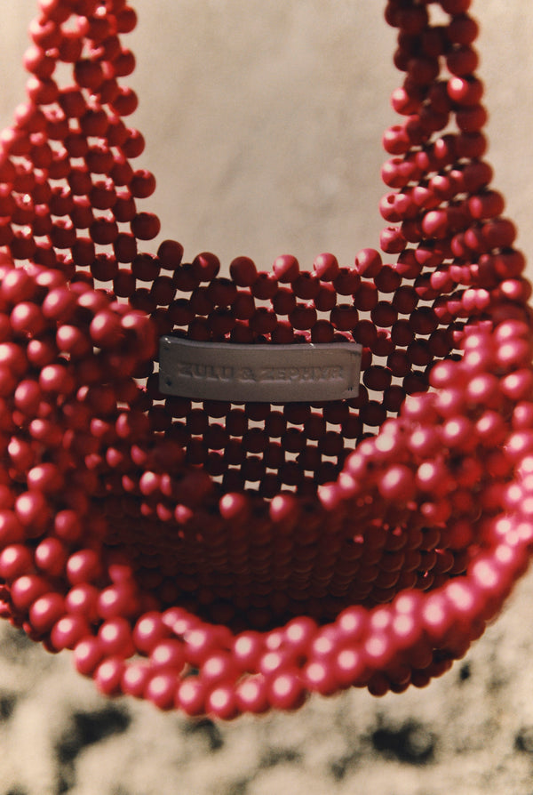 Small Beaded Bucket Bag - Berry Red