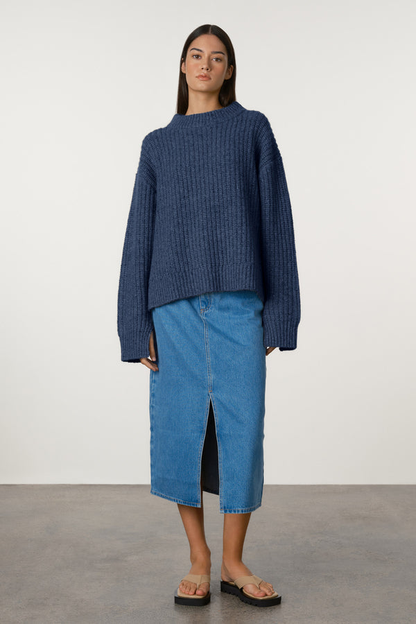 Merino Wool Blend Knit Jumper - Indigo Blue