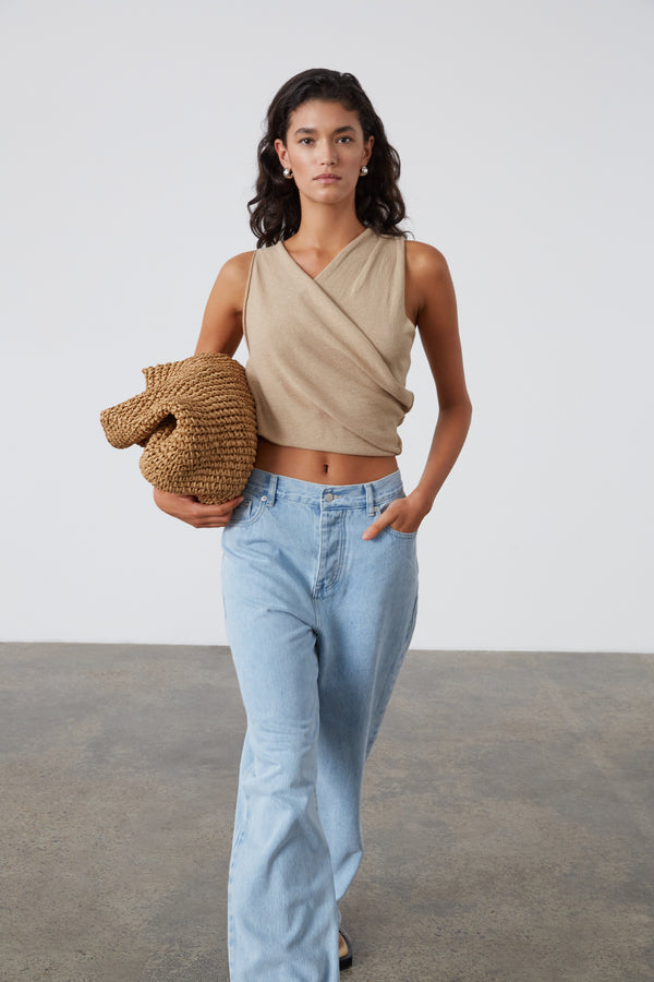 Camel Linen Blend Knit Top