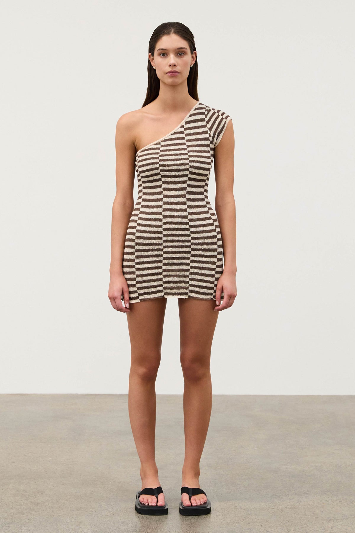 Cocoa Grid Textured One Shoulder Knit Dress