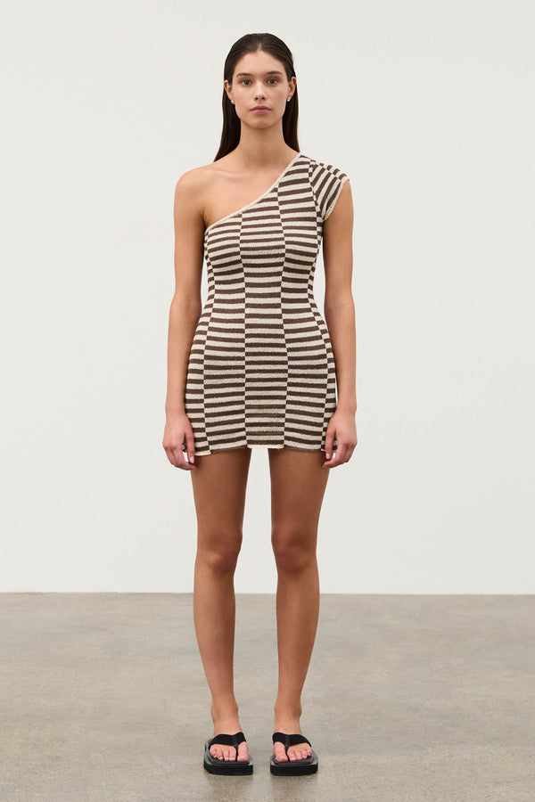 Cocoa Grid Textured One Shoulder Knit Dress
