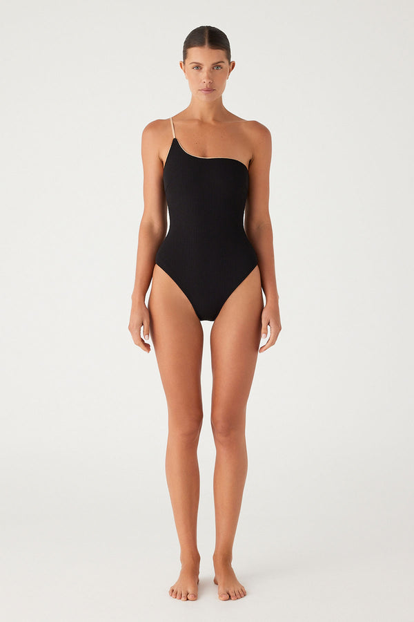 Textured One Shoulder One Piece - Black