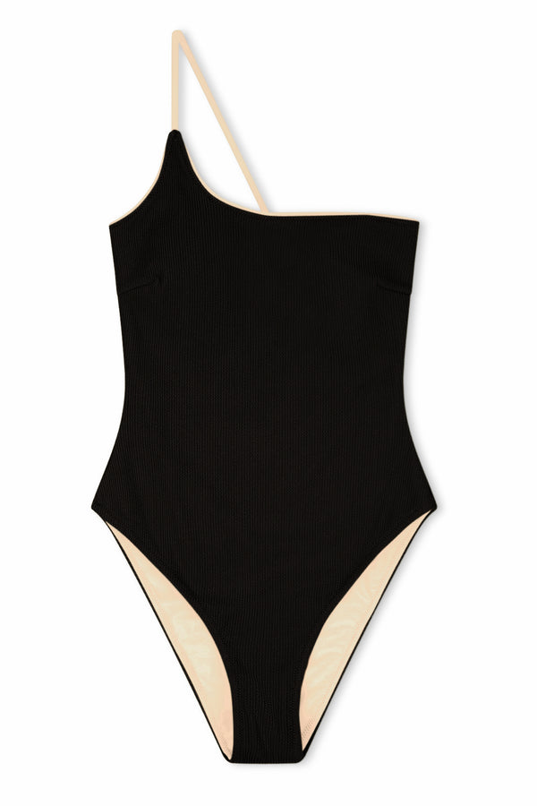 Textured One Shoulder One Piece - Black